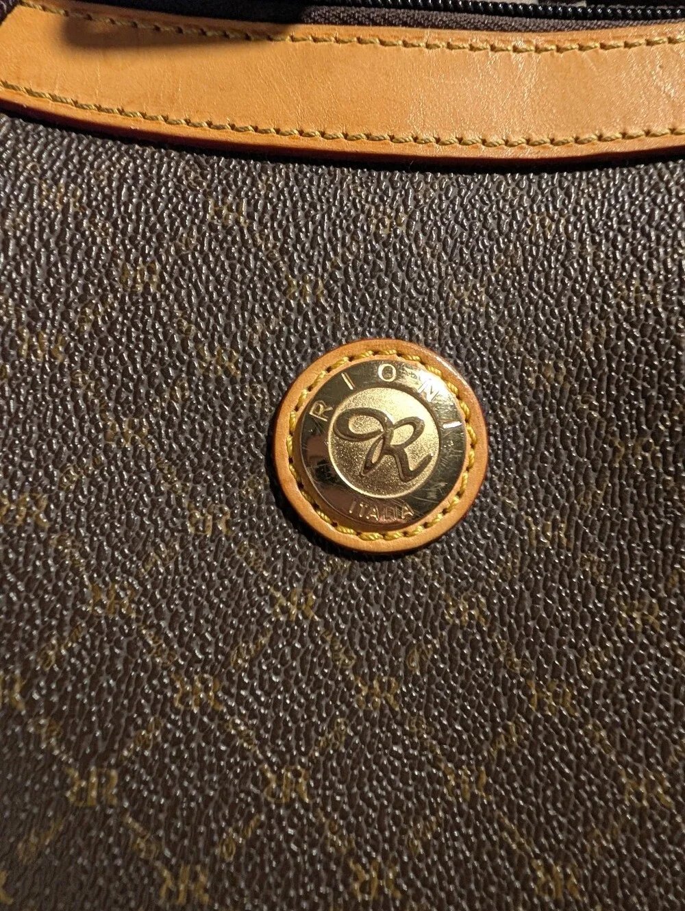 Rioni Signature Brown Monogram Messenger Bag Leather Accents Italian Crossbody